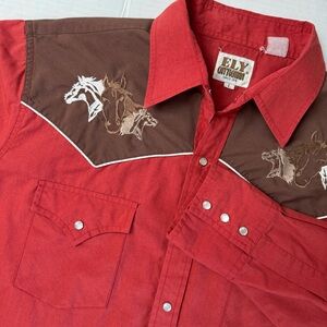 Vintage Ely Cattleman red pearl snap button popper horse western cowboy shirt L